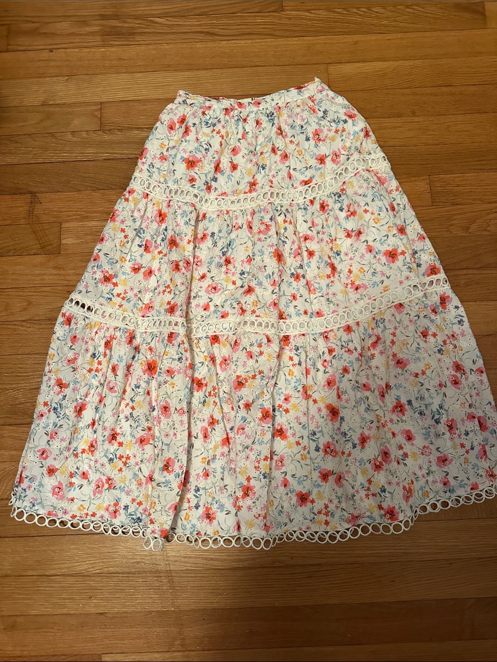 Altar'd State White eyelet Maxi Skirt with Pink & Coral Floral Print